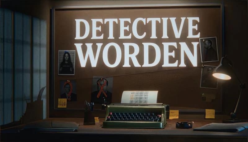 Detective Worden: Green typewriter on cluttered desk with photos, dim lamp, and blinds casting shadows in a small office.