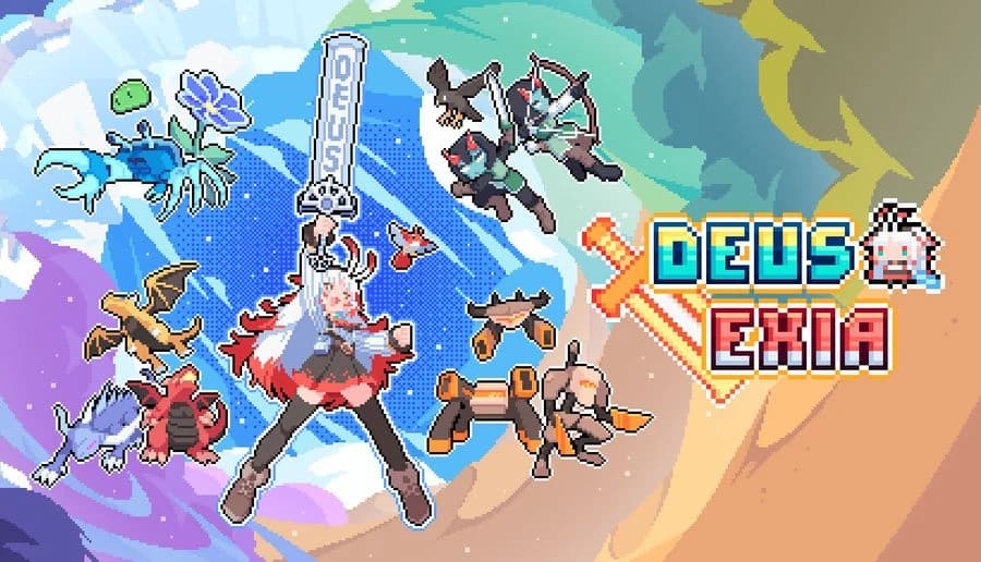 Deus Exia: White-haired young woman raises glowing sword as flying monsters swirl over a colorful planet backdrop.