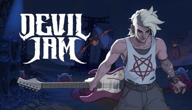Young male punk with white hair, tank top with pentagram, holds guitar in eerie landscape with flying eye bats and monsters.