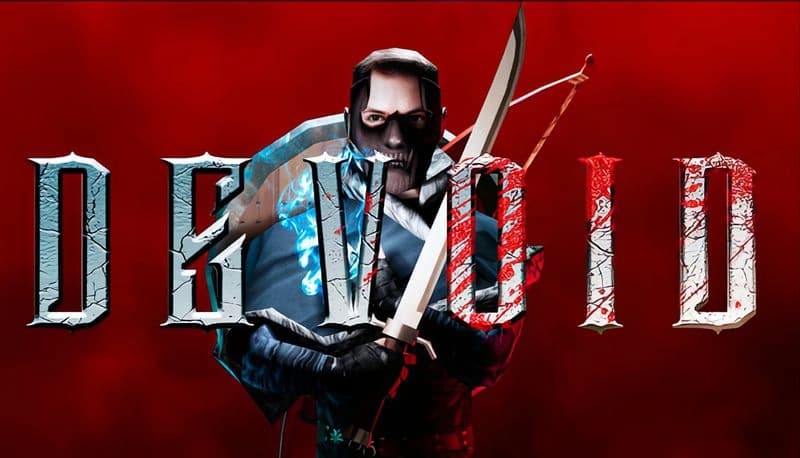 Devoid: Skull-masked warrior holding a sword and shield, poised in front of a vivid red backdrop with fragmented letters.