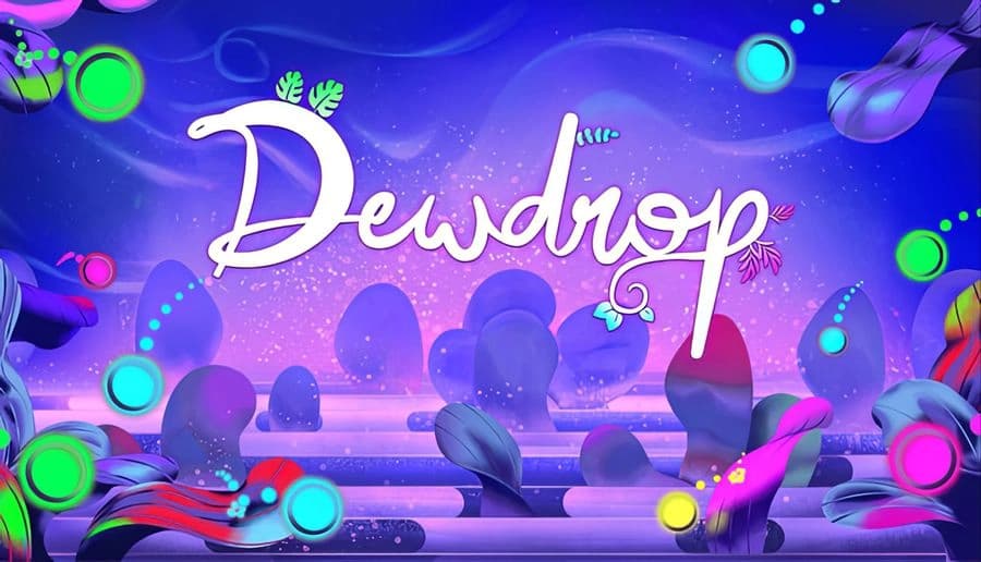 Dewdrop: White cursive title over glowing purple landscape with floating neon circles and abstract plant shapes.