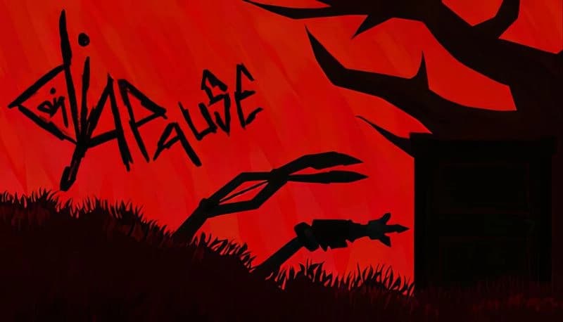 DIAPAUSE: Red silhouette of skeletal hand reaching from grass towards cabin, stark branches against ominous red sky.