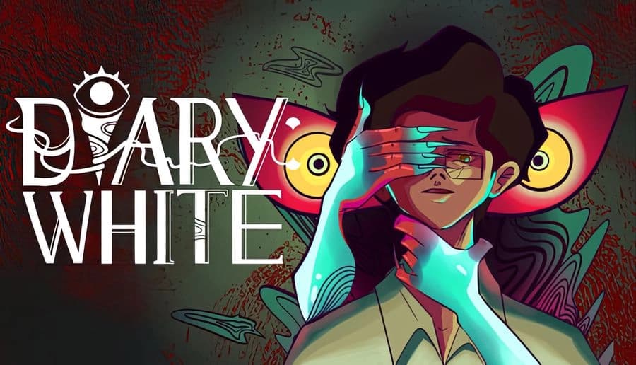 Diary: Young man covers his eyes as a glowing blue hand grips his face, against red shadowy shapes backdrop.