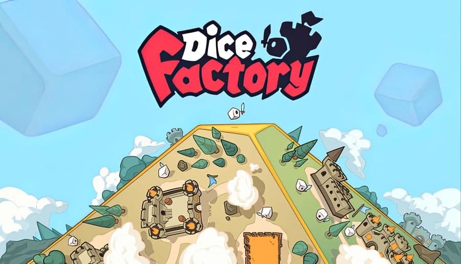 Dice Factory: Red title lettering with dice icon above a hilltop castle and rooftops under a bright blue sky.