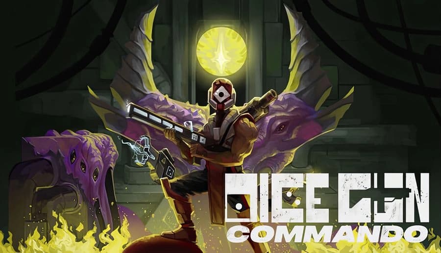 Dice Gun Commando: armored man aims sci-fi rifle at purple tentacle monster in ruined corridor with green flames below.