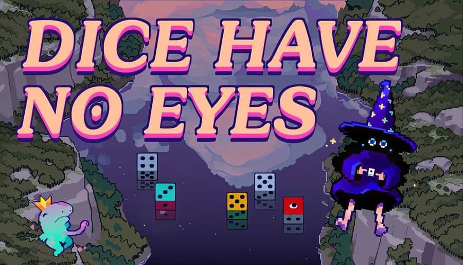 Dice Have No Eyes: purple-robed wizard with glowing eyes hovers over colorful dice blocks in rocky night canyon.
