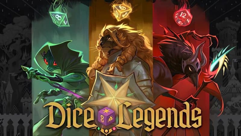 Dice Legends: Lion, gecko, raven heroes wield weapons in unique armor with colored dice above in a fantasy setting.
