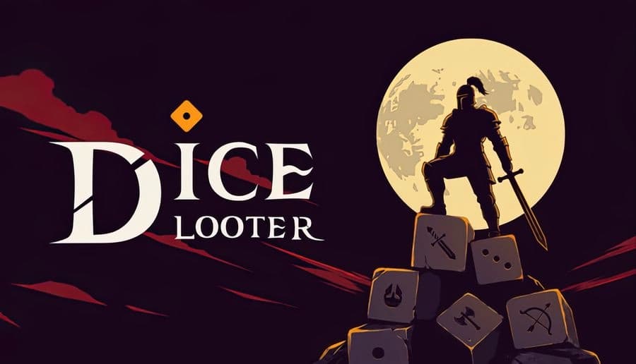 Dice Looter: armored warrior with sword atop stacked dice under full moon, silhouetted against dark hills at night.