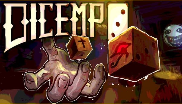 Dicempo: Hand tosses dice with blood-red markings and cross, near title lettering on dark cluttered backdrop.