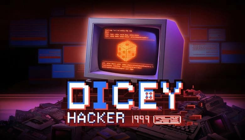 Dicey Hacker 1999: Retro monitor displays glowing dice code among floppy disks, keyboards, in a dark cyberpunk setting.