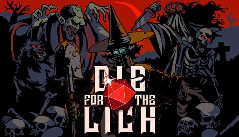 Die For The Lich: Man in hat holding shovel leads zombie, werewolf, skeleton army under red moon in a graveyard setting.