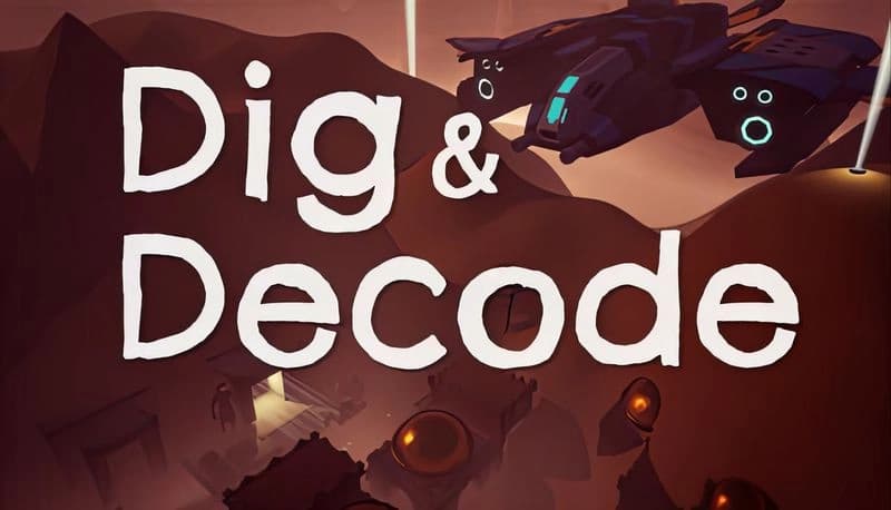 Dig & Decode: Futuristic ship hovers over rocky terrain with lit entrance, highlighting mysterious underground site.