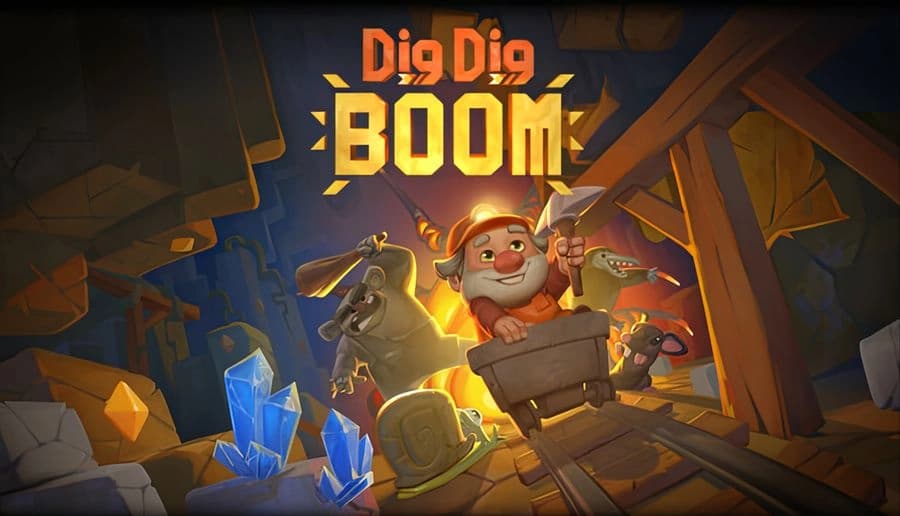 Dig Dig Boom: bearded miner riding a cart with pickaxe, bat and pig in rocky cave with glowing crystals and gems.