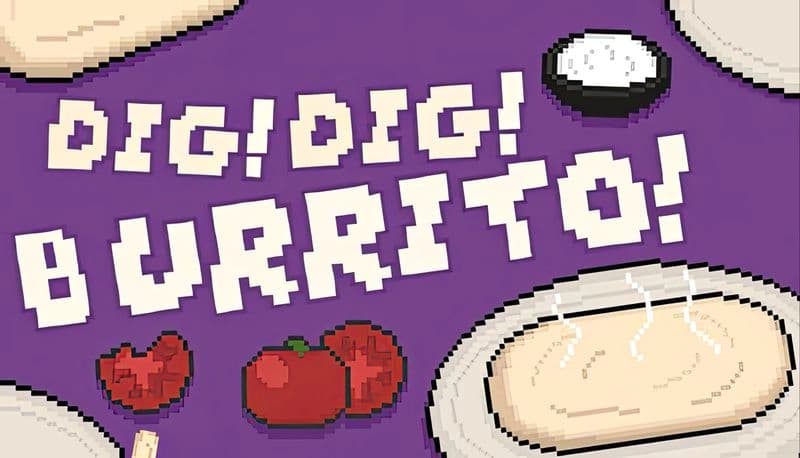 Dig Dig Burrito!: Pixel burrito steaming with sliced tomatoes and sour cream in black bowl on a vibrant purple backdrop.