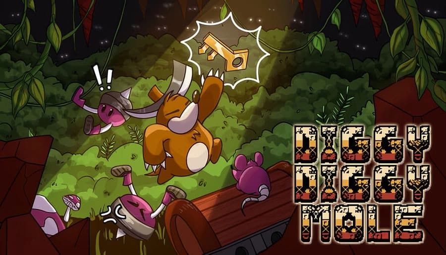 Diggy Diggy Mole: orange mole leaps with pickaxe hitting a glowing gem, startled purple bugs in a forest cave tunnel.