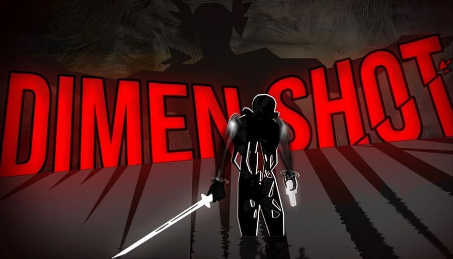 Dimenshot: black-clad man holding a glowing sword and pistol, backlit by red rays and huge red letters backdrop.