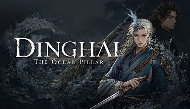 Dinghai: White-haired young man grips a sword, dark-haired man behind him amid stormy ocean waves and spray.