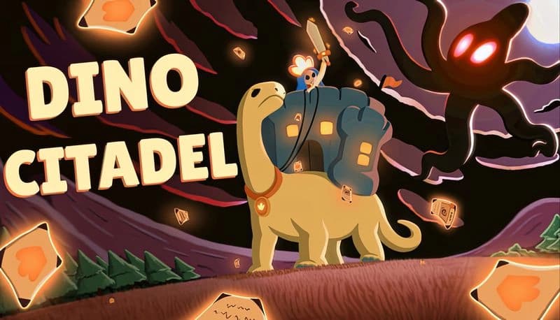 Dino Citadel: Young boy with sword on dinosaur battles giant shadow monster with glowing eyes in a mystical landscape.