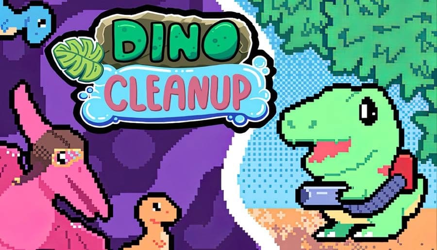 Dino Cleanup: green cartoon dinosaur aims vacuum at pink pterodactyl and small dino in pixel cave scene.