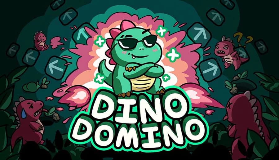 Dino Domino: green dinosaur with glasses and crossed arms, floating over bold title in pink forest with creatures.