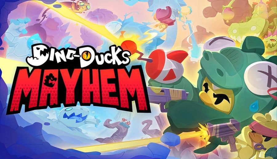 Dino-Ducks Mayhem: Green duck soldier fires twin guns at flying bombs and meteors in a colorful cartoon battlefield.