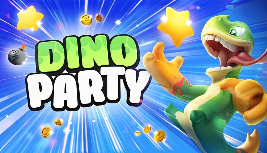 Dino Party: Green dinosaur with golden gloves joyfully jumps for stars amidst swirling coins on a vibrant blue background.