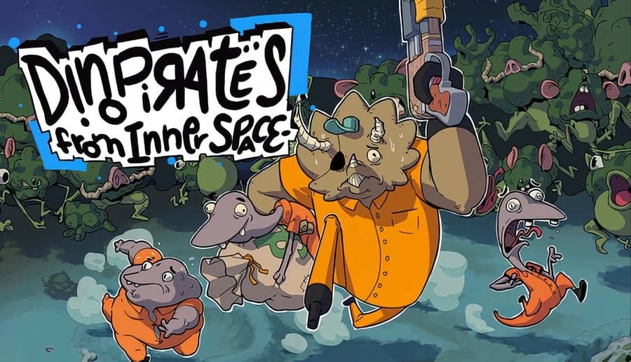 Dinopirates from Inner Space: Triceratops pirate captain raises pistol beside crew on alien planet at night.