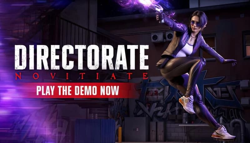 Directorate Novitiate Demo: Woman in sunglasses jumps with glowing weapon, urban alley backdrop with graffiti and stairs.
