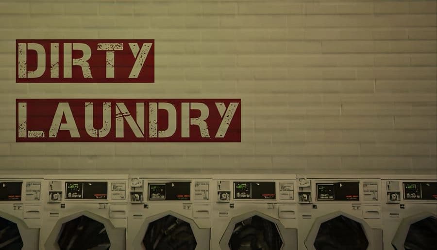 Dirty Laundry: Row of front-loading washing machines under a tiled wall inside a laundromat, no people visible.