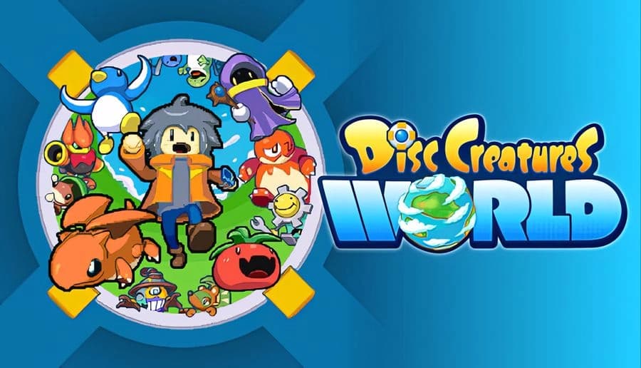 Disc Creatures WORLD: boy raises fist with three creatures beside him on green disc, blue background with title text.