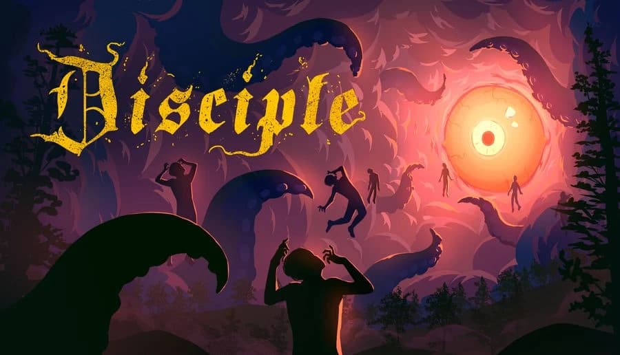 Disciple: Silhouetted people flee from tentacled monsters under a huge glowing eye in a red-purple sky abyss.