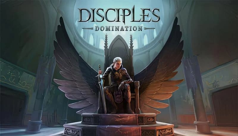 Disciples: Silver-haired man in armor sits on throne with dark wings, in grand hall with archways and blue-lit walls.