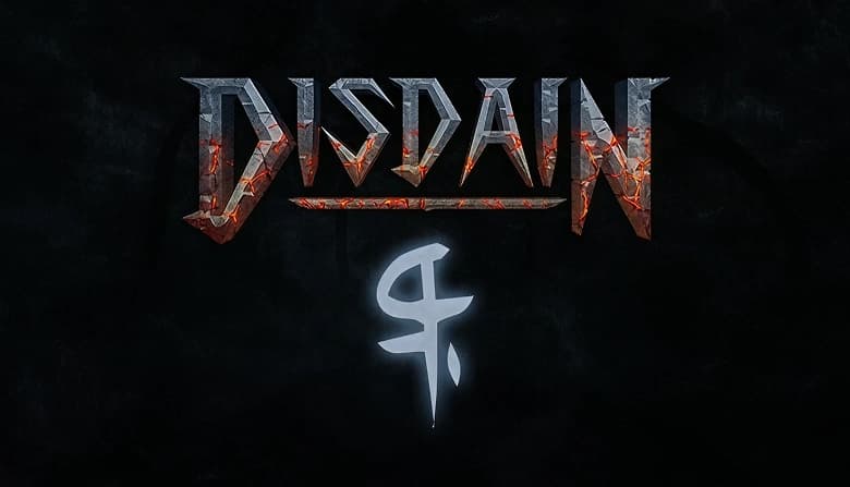 Dark textured background featuring the word "Disdain" in sharp metallic letters, glowing with fiery red cracks.