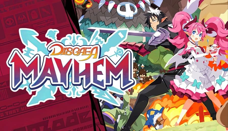 Disgaea Mayhem: swordsman and pink-haired young girl leap into battle, flames and monsters in a fantasy landscape.