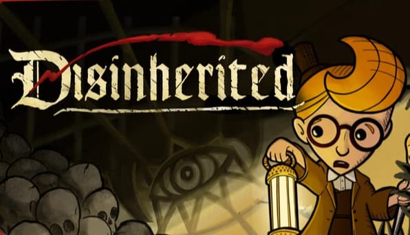 Disinherited: blond boy with glasses holds a lantern, startled beside a looming shadowy castle corridor at night.
