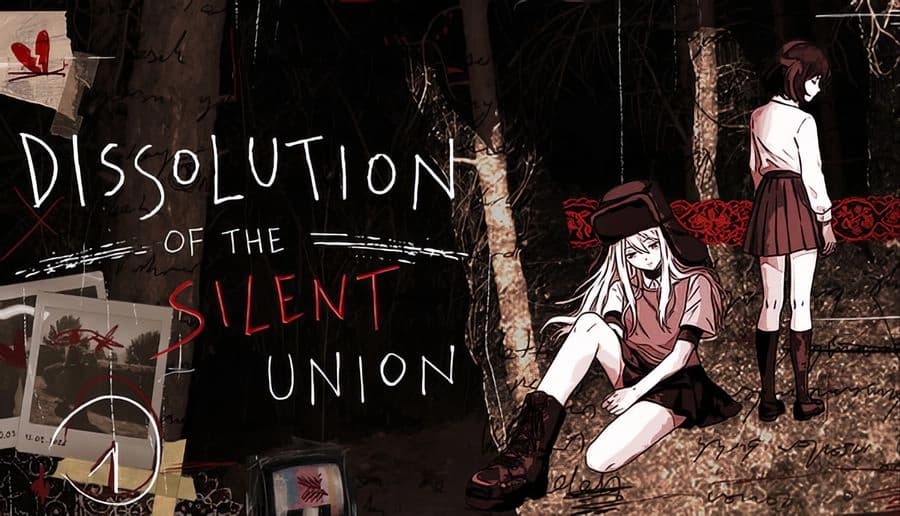 Dissolution of the Silent Union: two schoolgirls, one sitting on ground, one standing, dark forest backdrop.