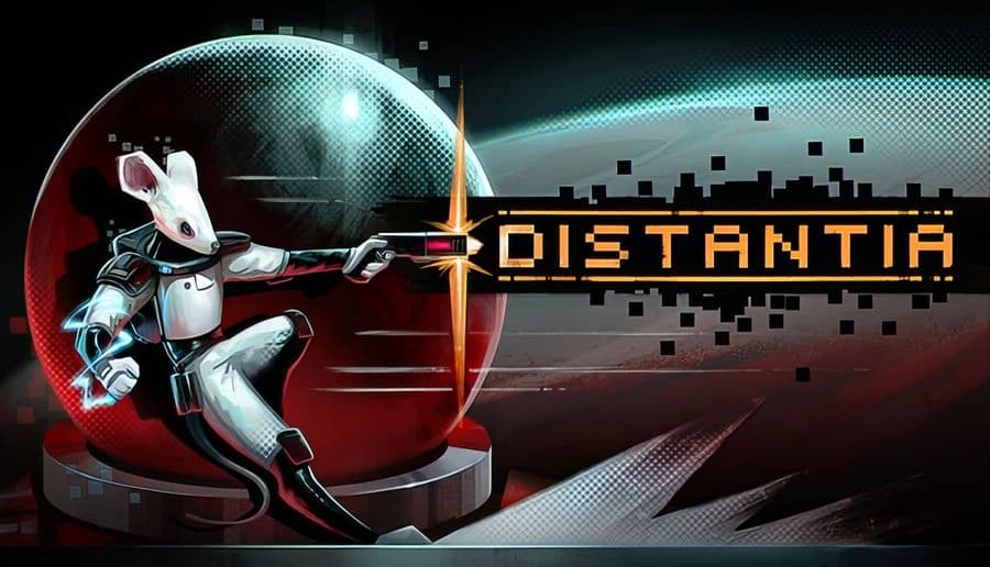 Distantia: White android crouches and aims pistol, blue sparks on arm, in front of glowing red dome chamber.