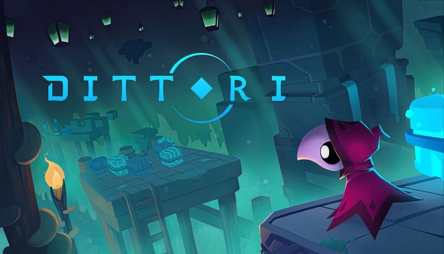 DITTORI: Hooded figure with one large eye overlooks stone ruins and glowing blue crystals in a dim underground chamber.