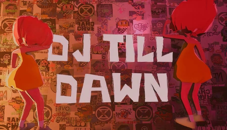 DJ till Dawn: red-haired man DJs on a rooftop deck beside speakers and a mixer, with neon graffiti buildings behind.