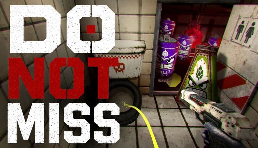 DO NOT MISS: First-person gun aimed at toilet and tire, with yellow hose on tiled floor in grimy restroom stall.