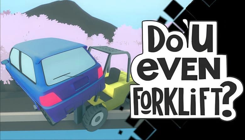 A yellow forklift attempts to lift a blue car, balanced near the edge of a narrow road framed by pink cherry blossoms.