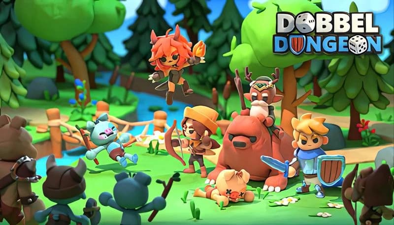 Dobbel Dungeon: Cartoon warriors battle forest creatures near a river amidst trees, featuring a bear and diverse adventurers.
