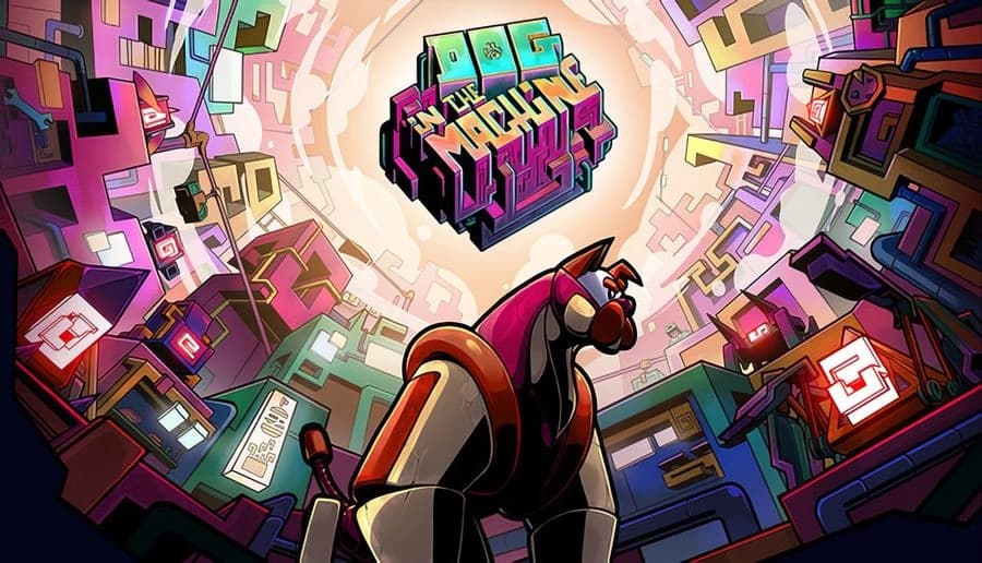 Dog in the Machine: Red robotic dog with glowing visor looks up beside neon title in futuristic city streetscape.