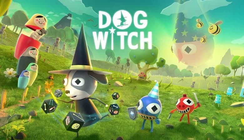 A dog wearing a wizard hat casts spells with enchanted dice in a vibrant meadow. Cartoon bees and nesting dolls surround.