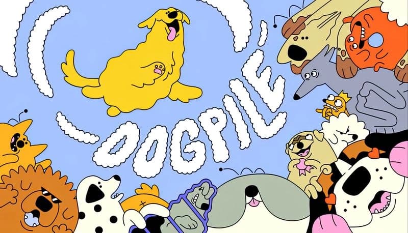 Dogpile: Colorful cartoon dogs of various breeds playfully encircle a joyful yellow dog in a light blue sky.