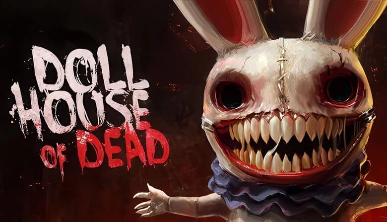 Dollhouse of Dead: Giant menacing rabbit doll with sharp teeth grins in dark setting; stitched face, hollow eyes, tall ears.