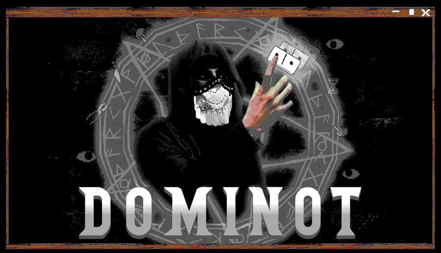 Dominot: Hooded figure with cracked white mask holds up a domino tile against a dark, scratched circular backdrop.