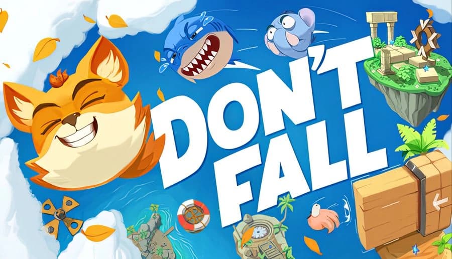 Don’t Fall: cartoon cat face grinning above a shark and startled mouse on blue sky with palm trees and ruins below.