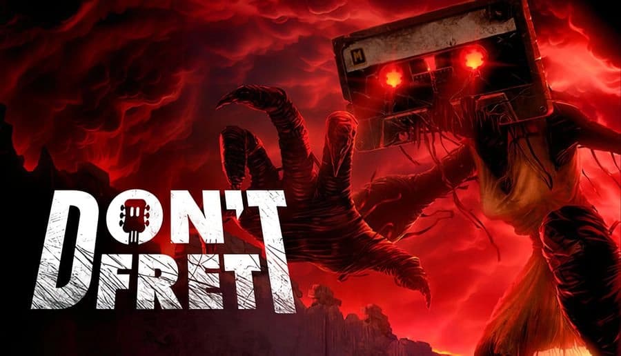 Don’t Fret: giant cassette player with glowing red eyes and tentacles looming over a frightened woman in red haze.