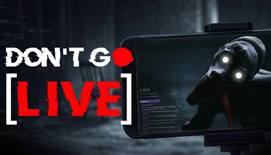 Don’t Go Live: smartphone streams a hooded plague doctor with glowing eyes leaning forward in a dark room.